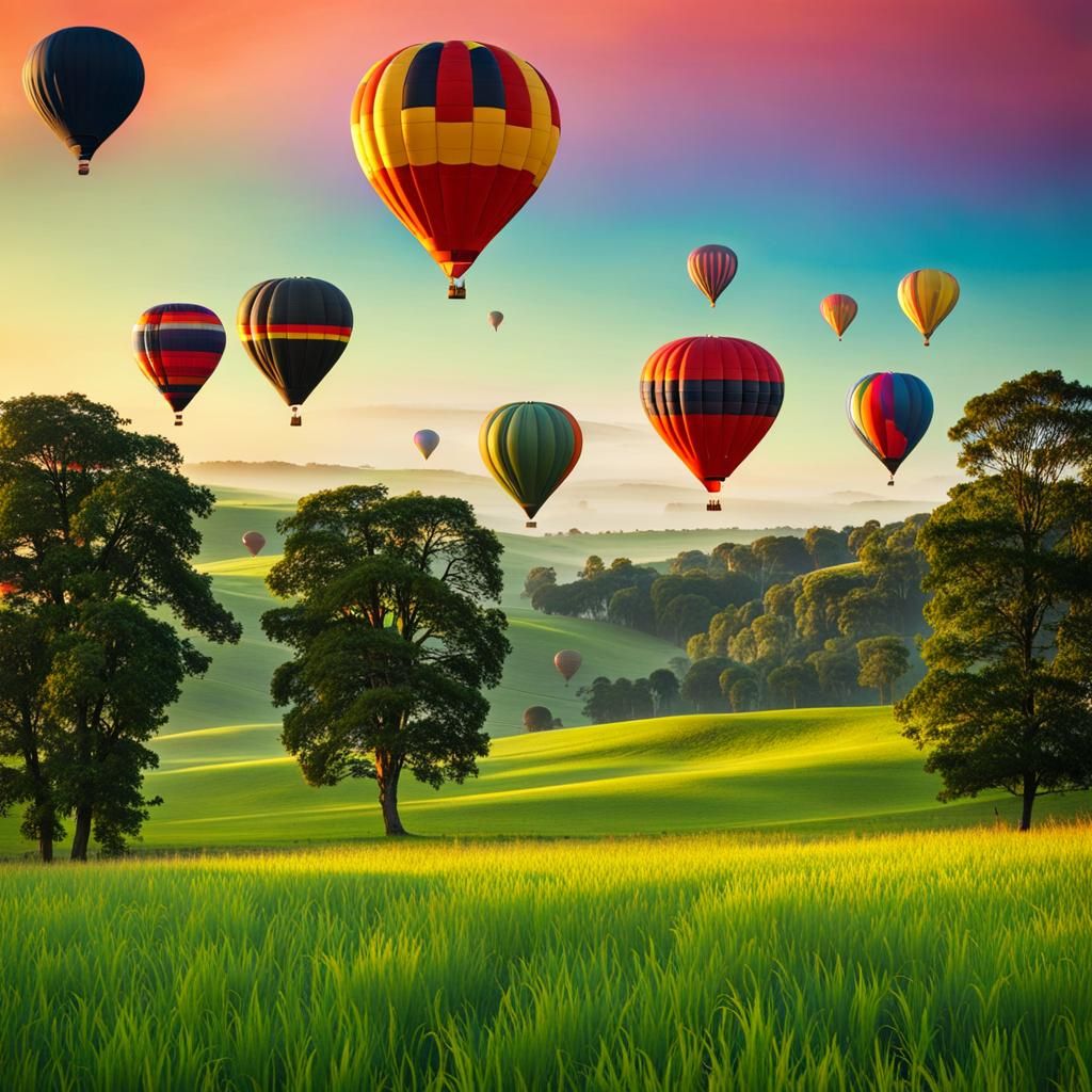 Rainbow Hot Air Balloons Over Green Pasture