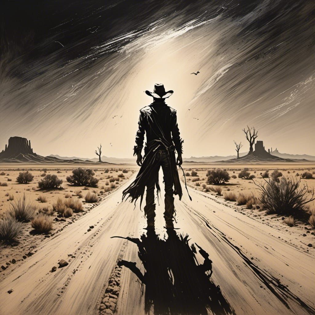 Cowboy Silhouette on Dusty Road in Chalk Art