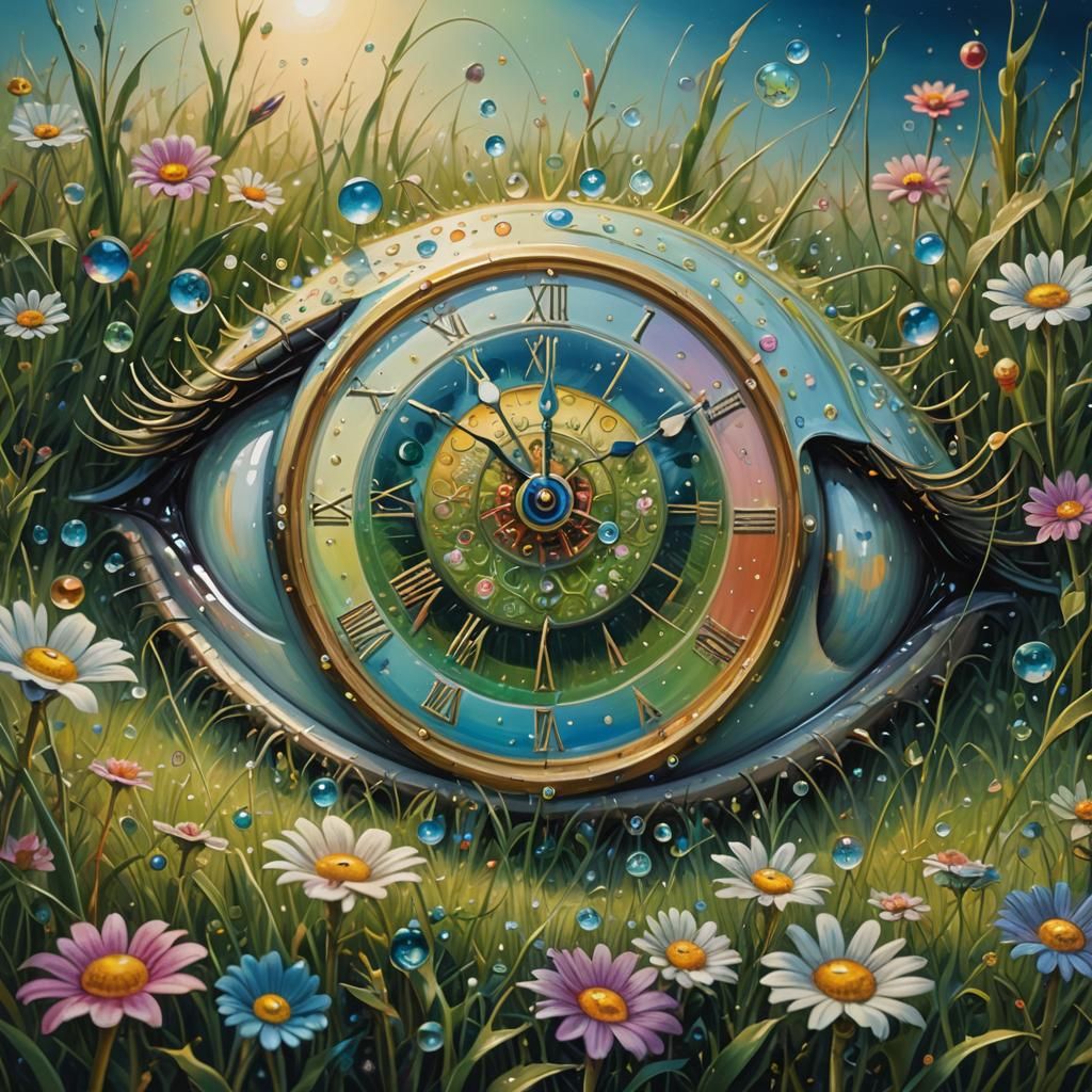 Surreal Moonlit Eyeball Clock in Grassy Meadow