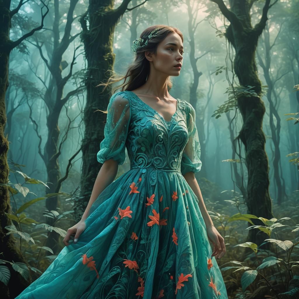 Model in Aqua Dress in Ethereal Forest