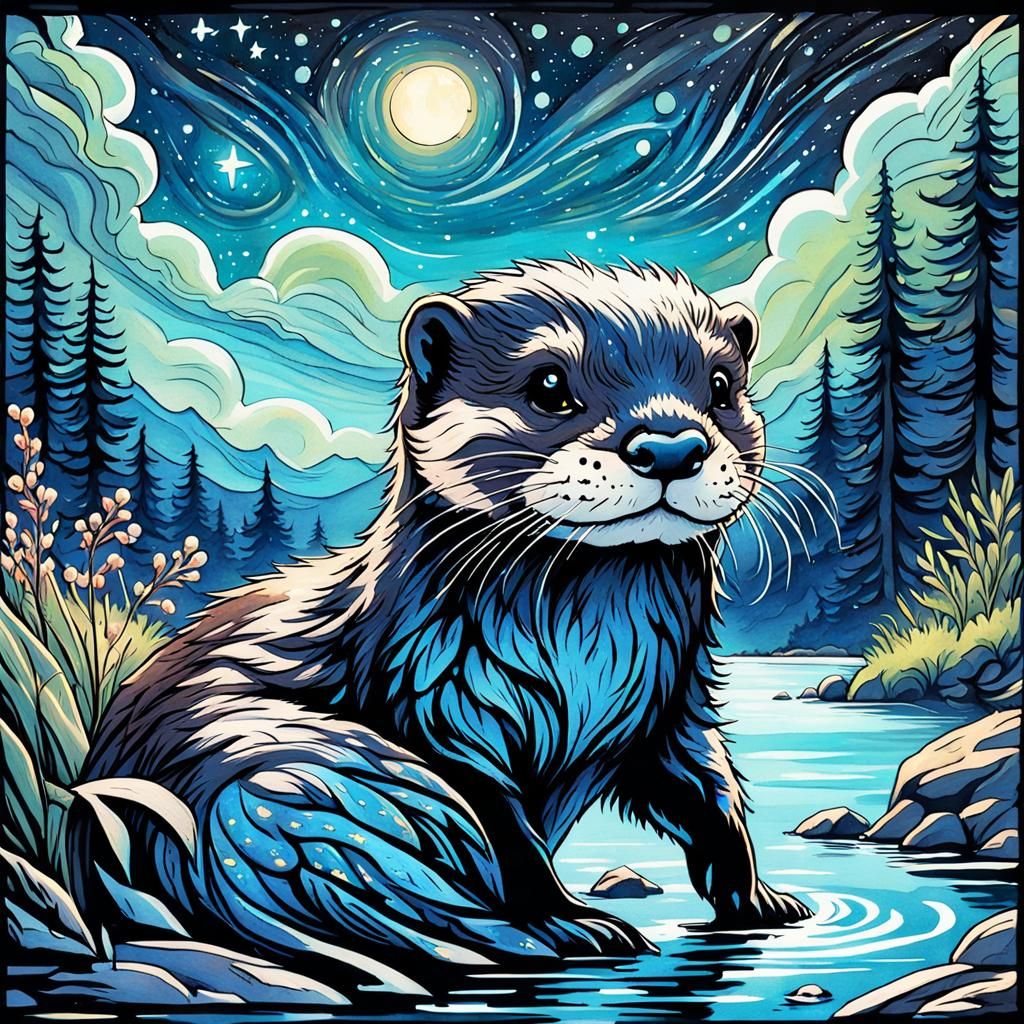 Bioluminescent Otter: Watercolor Gothic River Scene