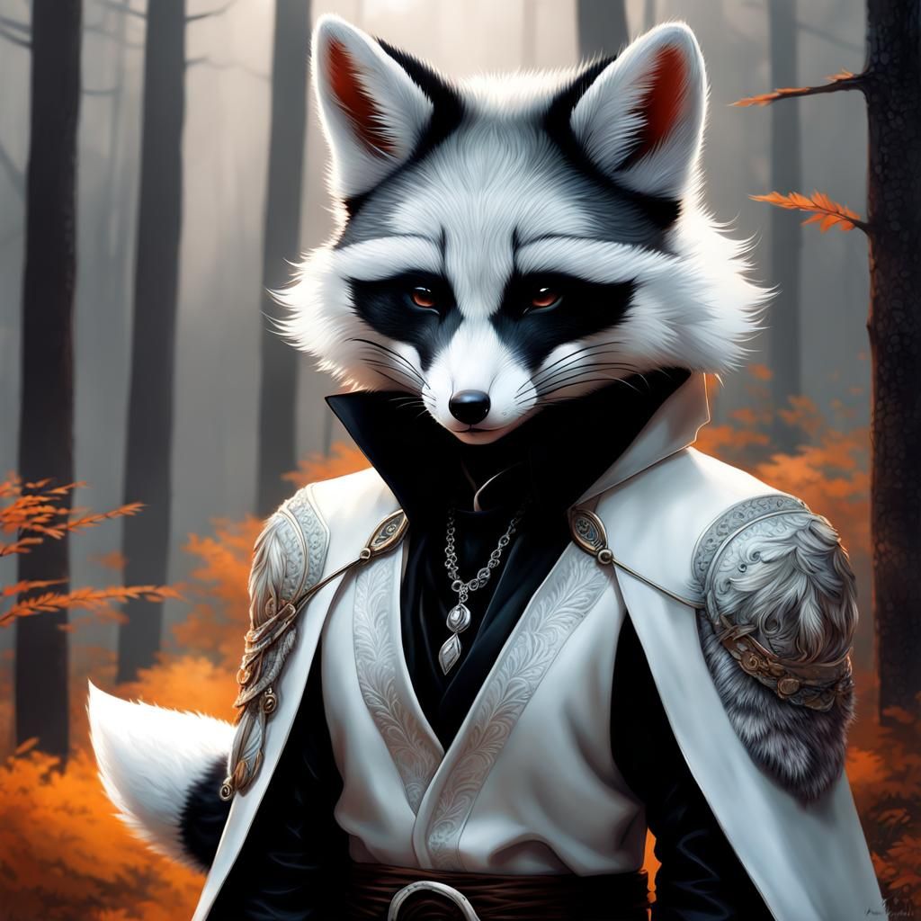 Mystical White Fox Cub with Raccoon Mask