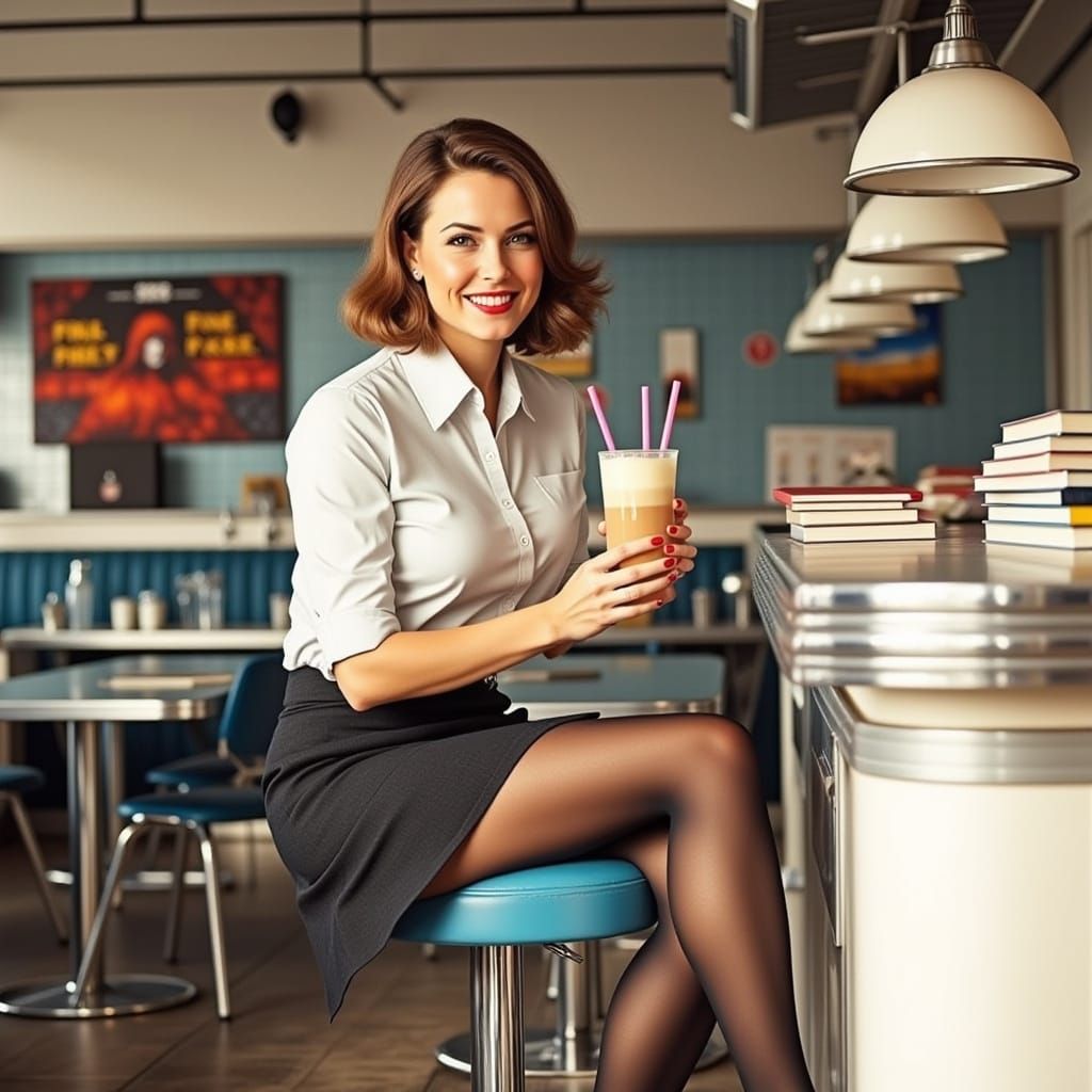 Woman in a 1950s Diner with a Milkshake and Nostalgic Charm