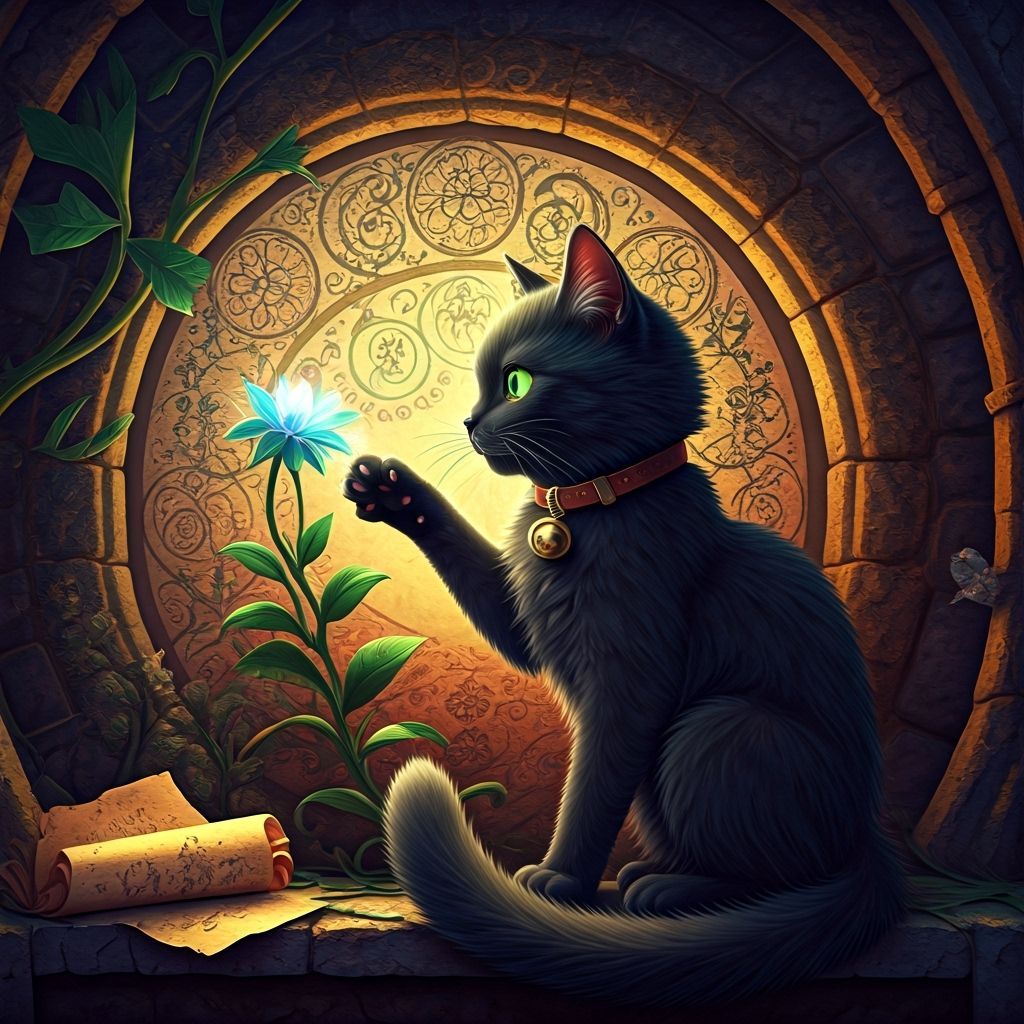 Black Cat and Stained Glass Flower in Origami Style