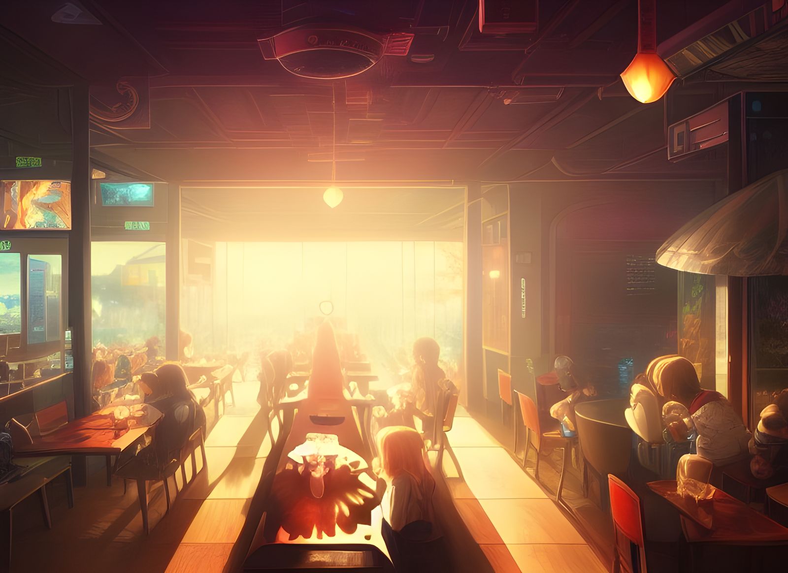 Anime Night Cafe Scene with Fractal Lights