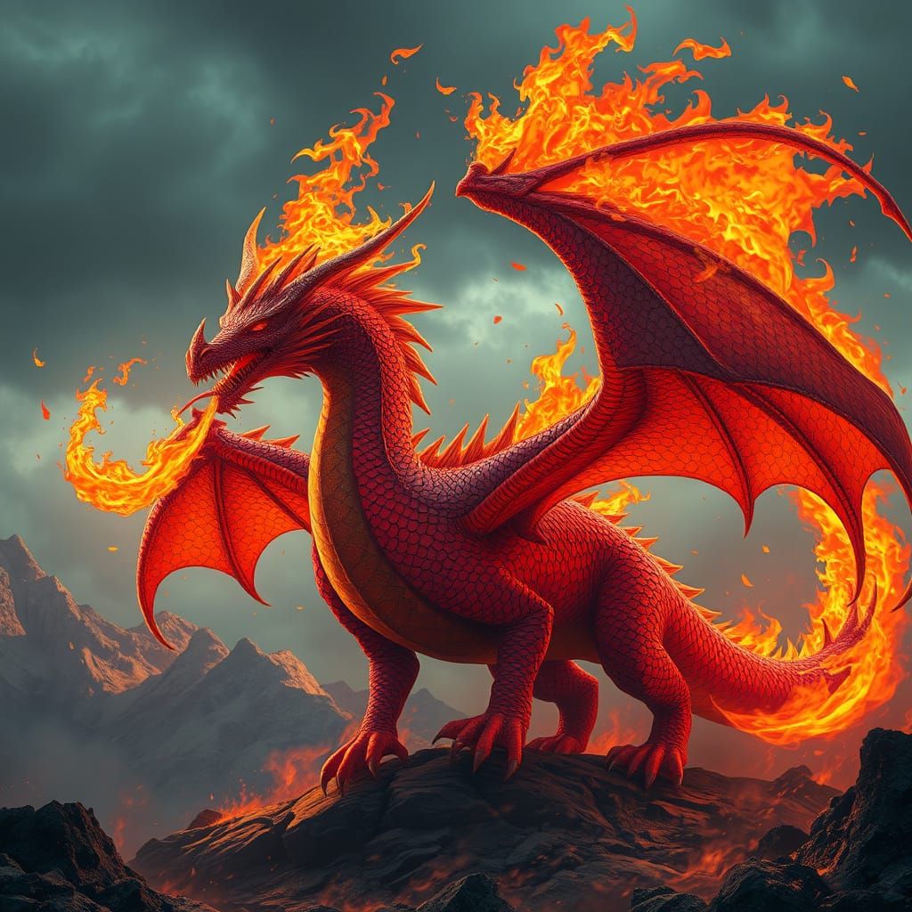 Majestic Fire Dragon in Dystopian Fantasy Landscape