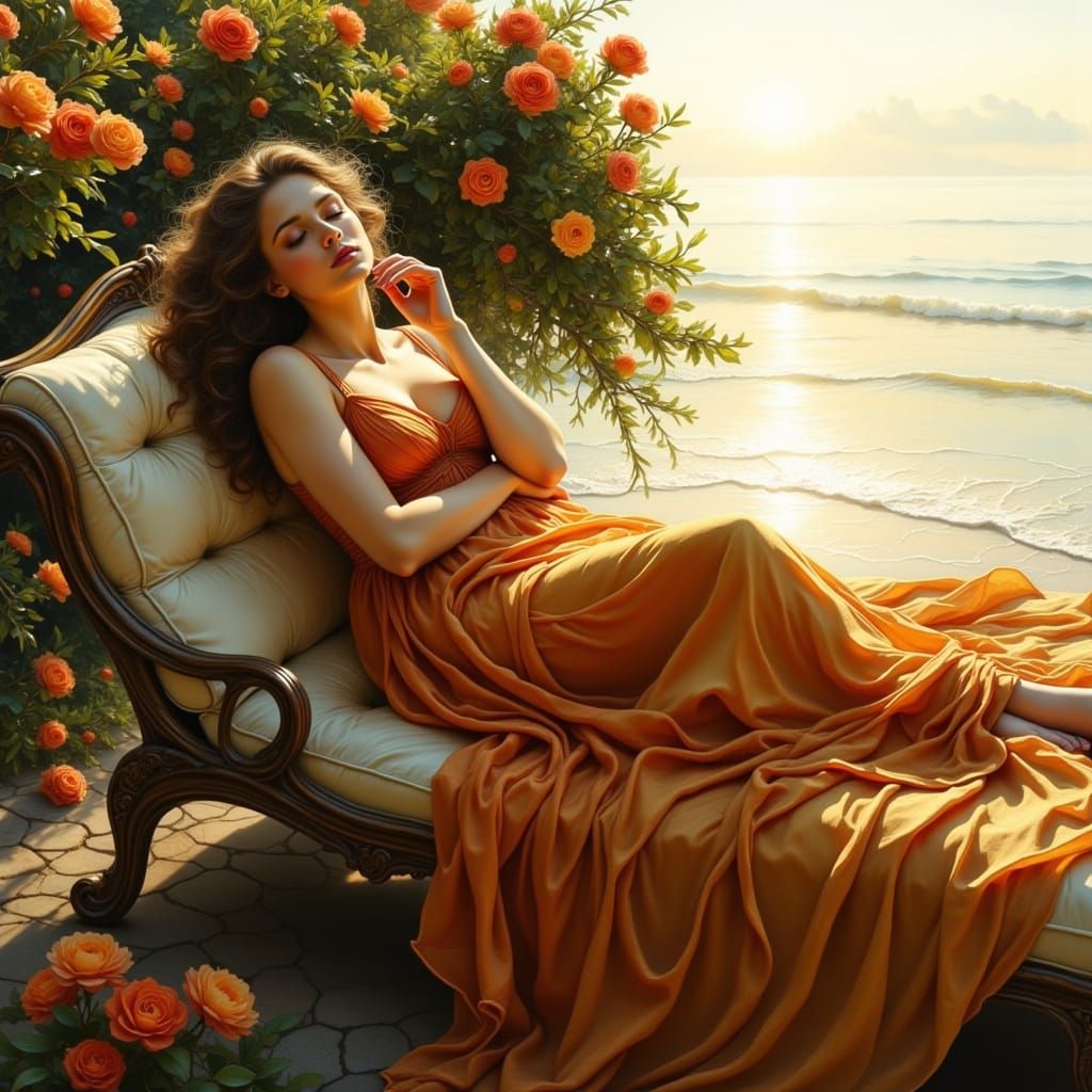 Victorian Painting of Woman Resting in Silk Gown