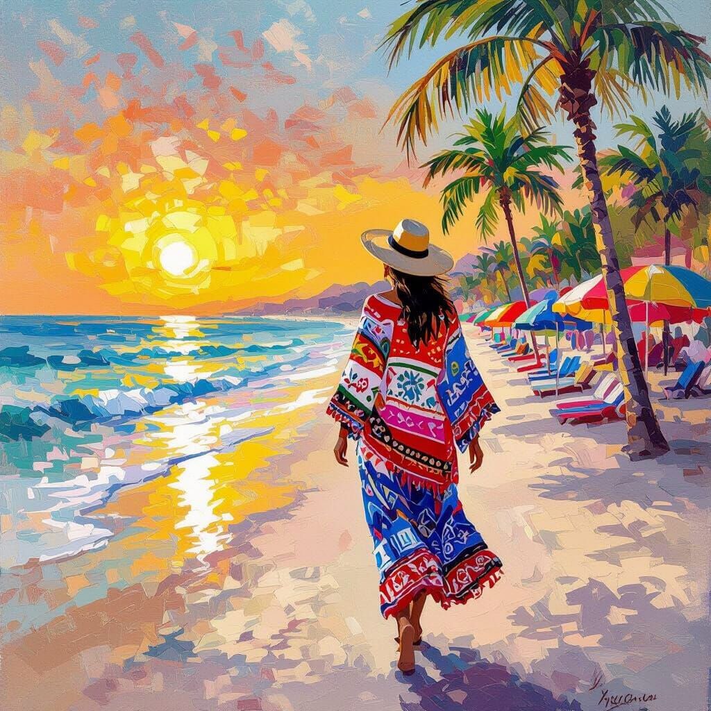 Woman Walks Mexico Beach at Sunrise in Impressionist Style