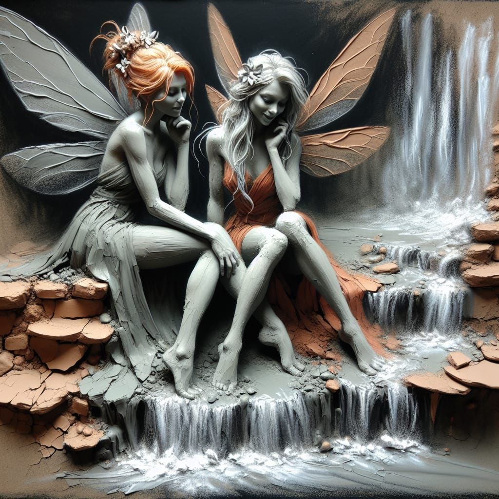 Moody Fairies in 3D, Crumbling Clay Meets Charcoal on Canvas