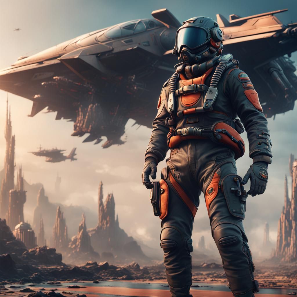 Futuristic Fighter Pilot in Detailed Matte Painting