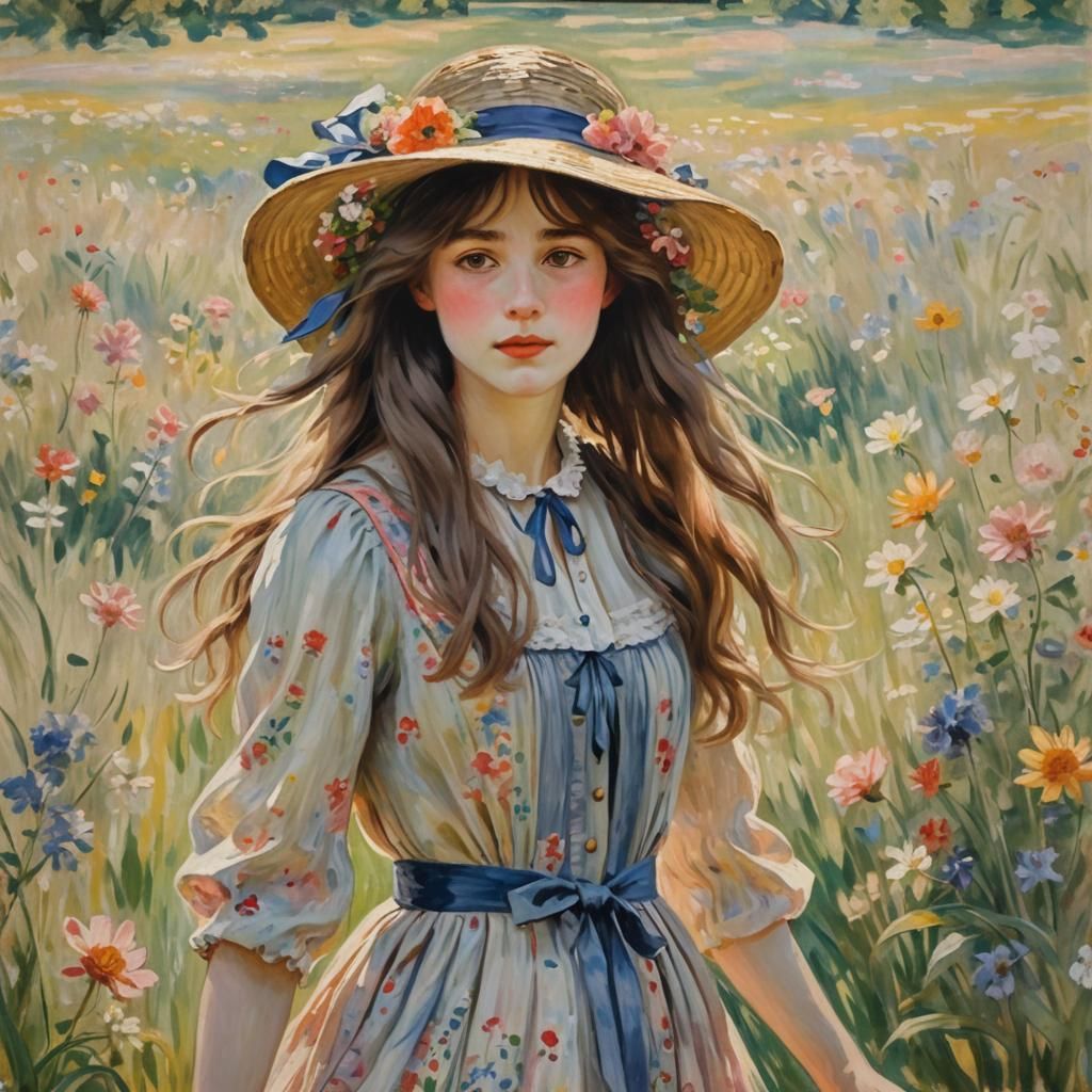 Girl in Field with Hat: Impressionistic Summer Scene