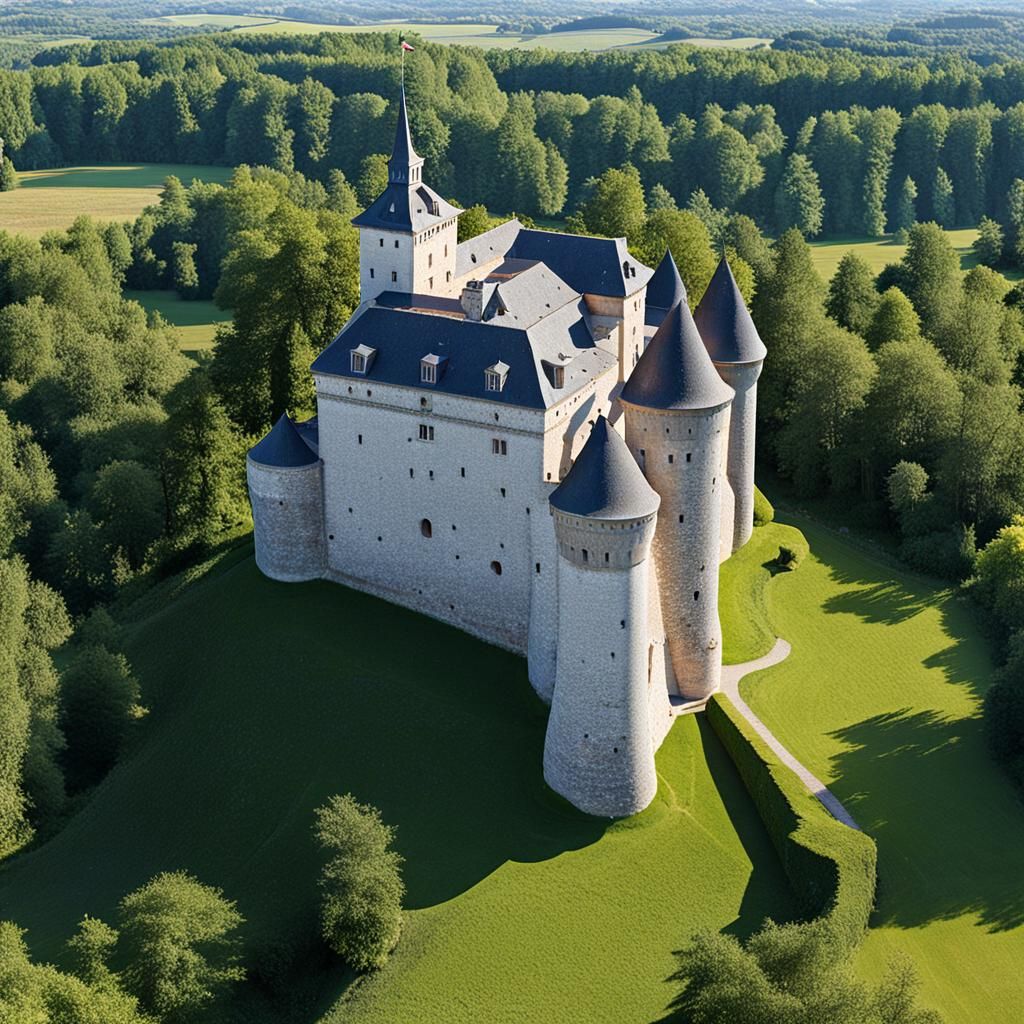 Renaissance Castle on Rocky Peak at Sunset