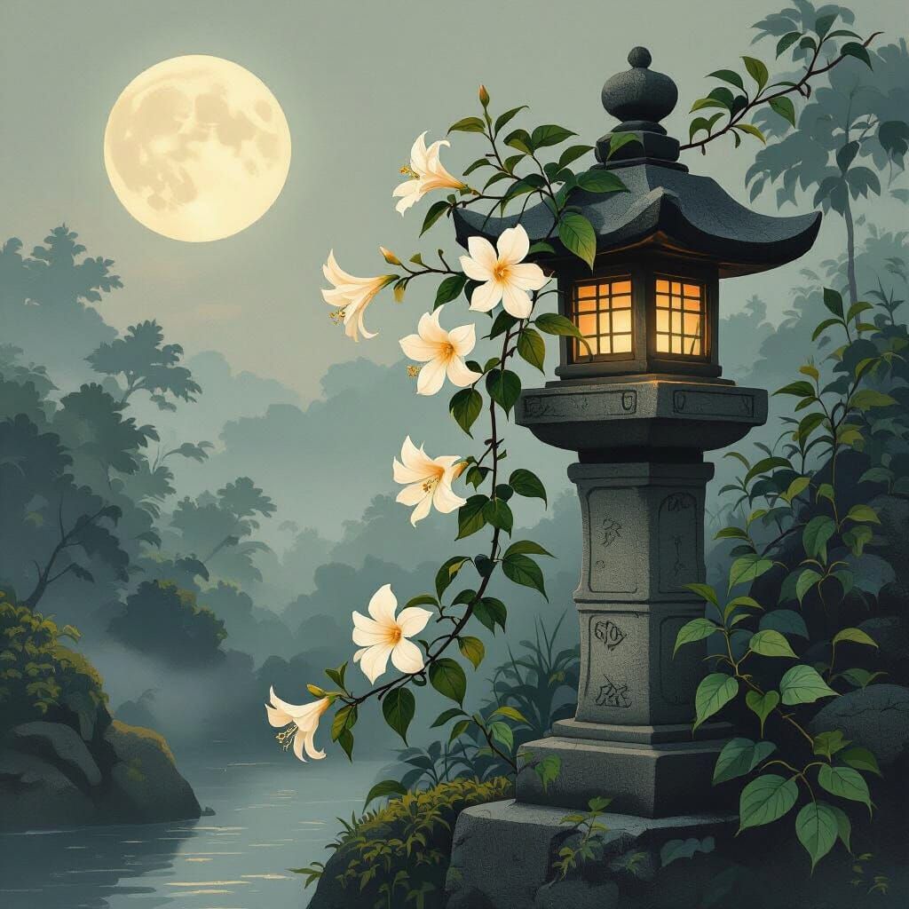 Japanese Garden Lantern in Ukiyo-e Style