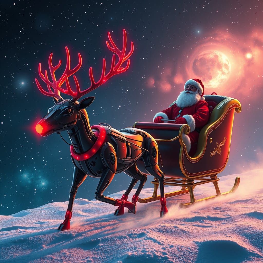 Cybernetic Reindeer in Galactic Sleigh Scene