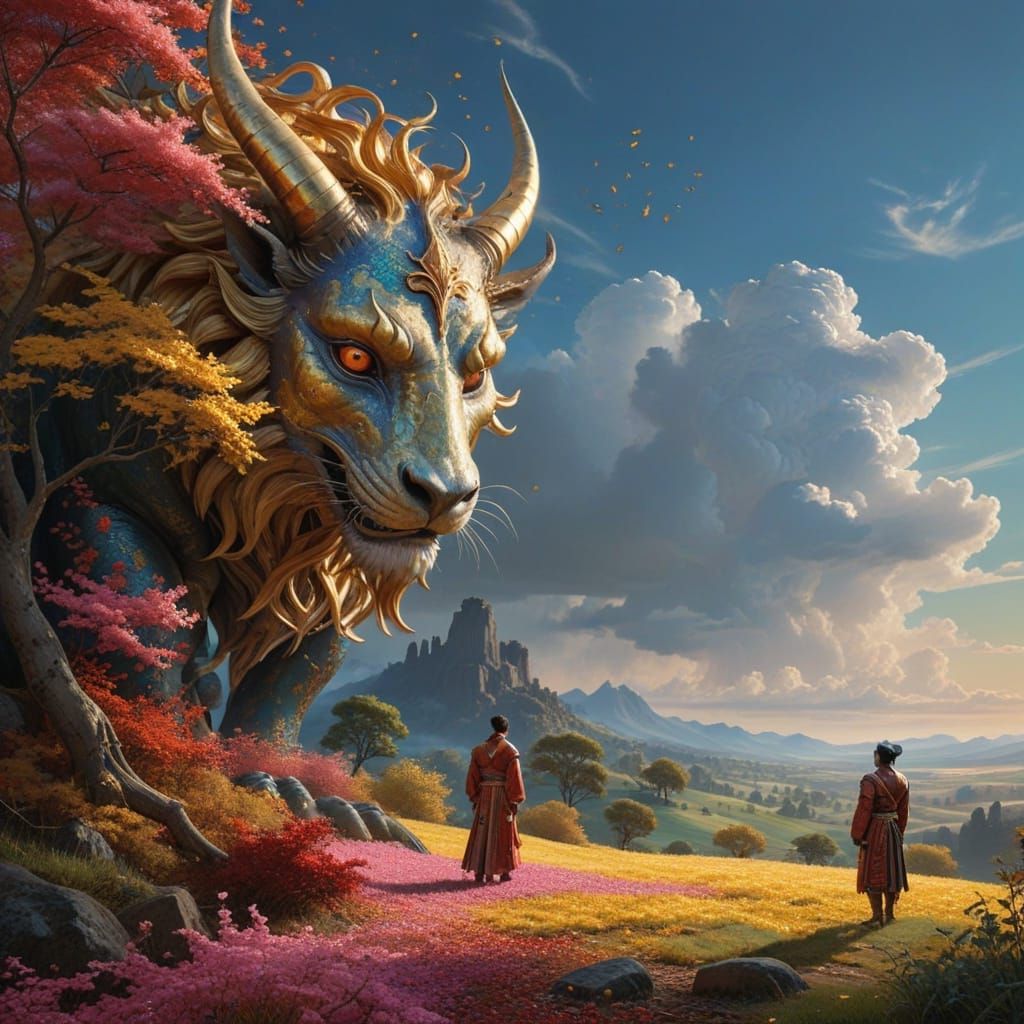 Chimaera with Matador, Harlequin, and Geisha in Hyperrealist...