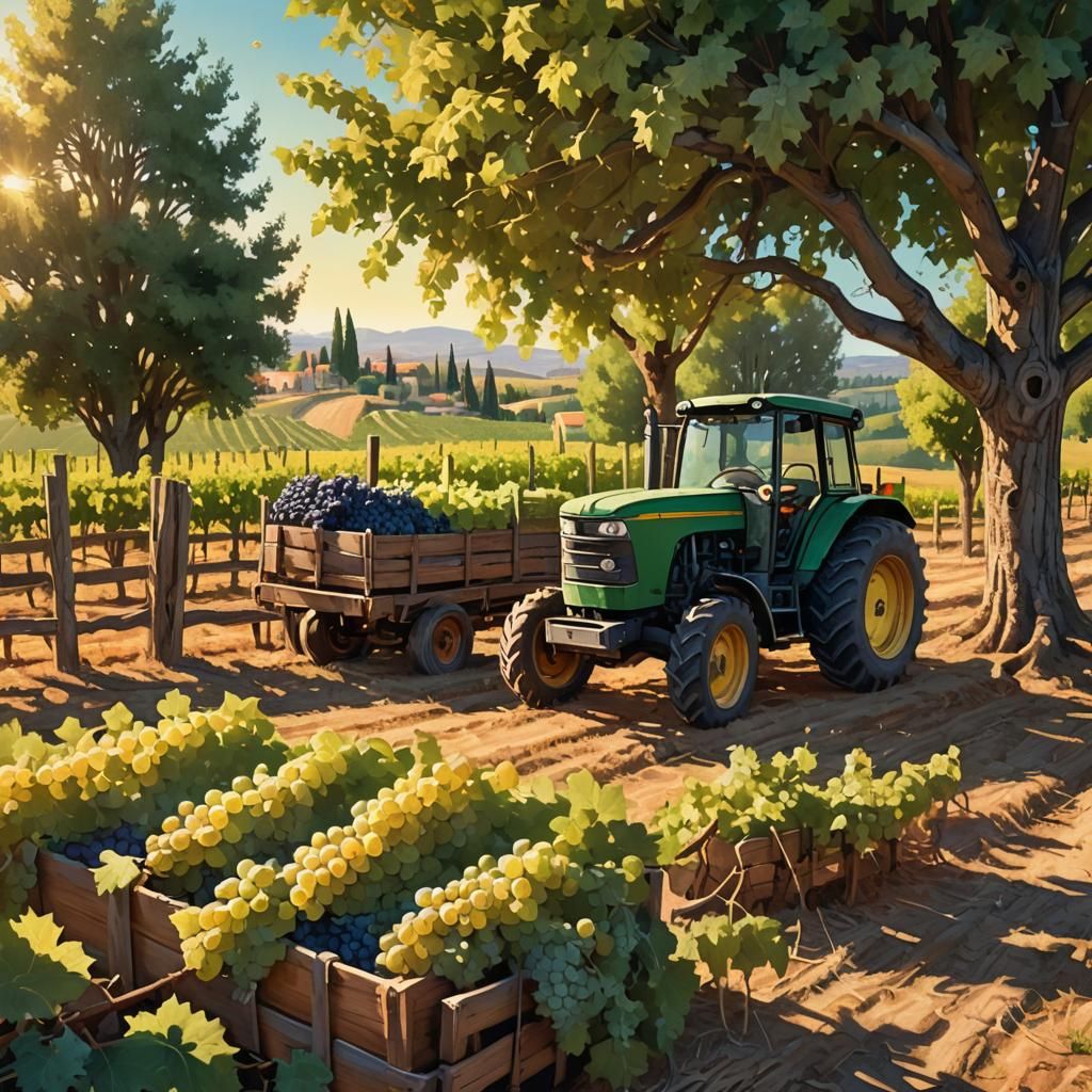 Harvest Tractor in Vineyard: Vibrant Digital Illustration