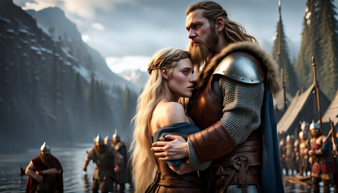 Viking Era Couple Embrace: Hyperrealistic 3D Rendering