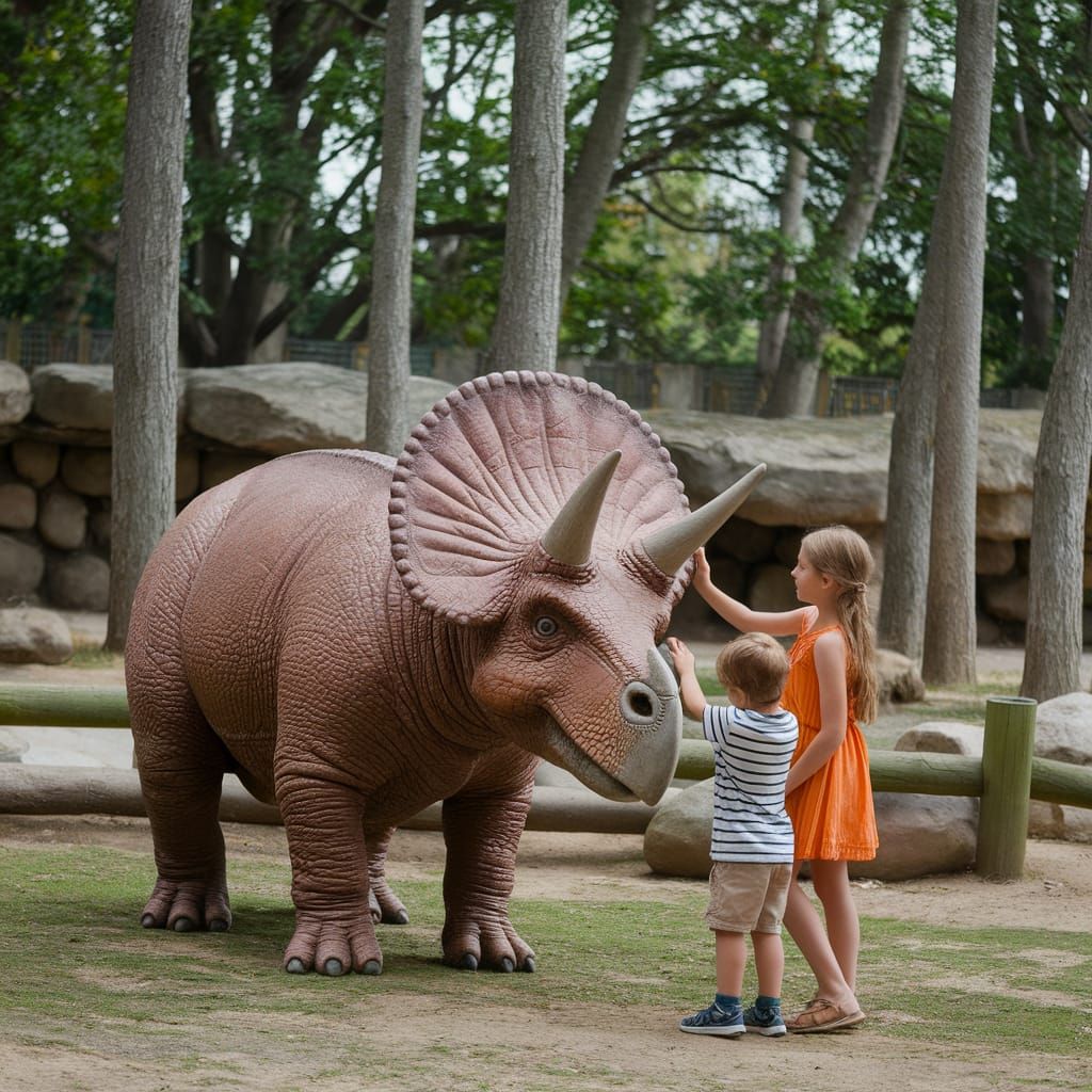 Children Petting Triceratops at Petting Zoo
