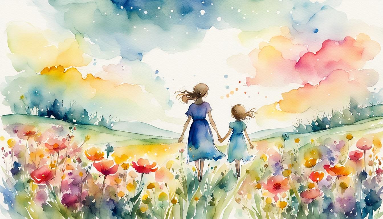 Children in Mystical Meadow, Watercolor Illustration