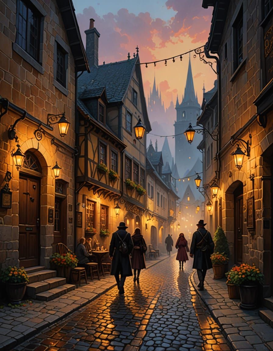 Gothic Fantasy Tavern Scene in Warm Oil Painting Style