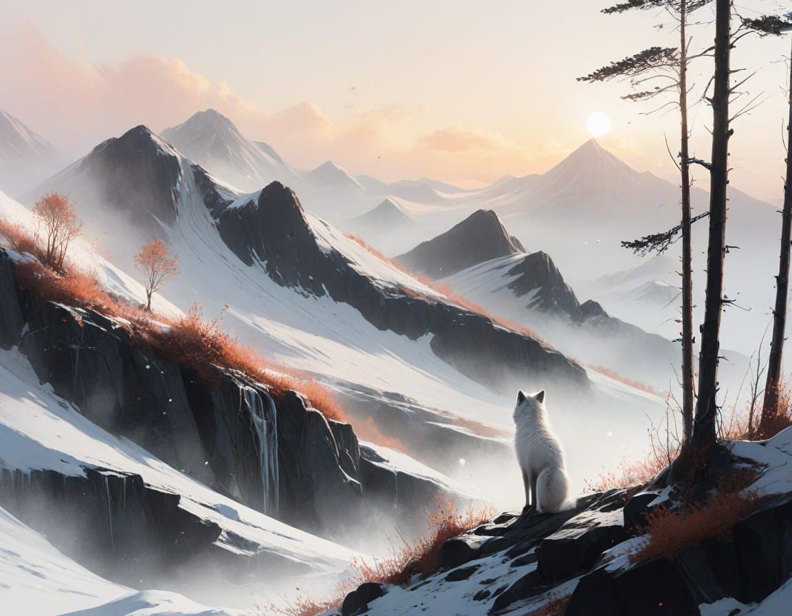 Arctic Fox in Winter Fjord: Watercolour Painting