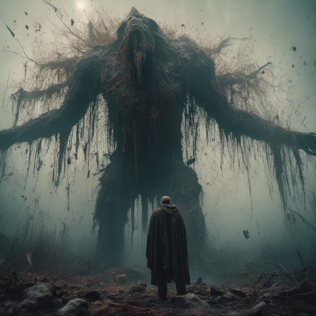 Man Confronts Holy Figure in Cinematic Still