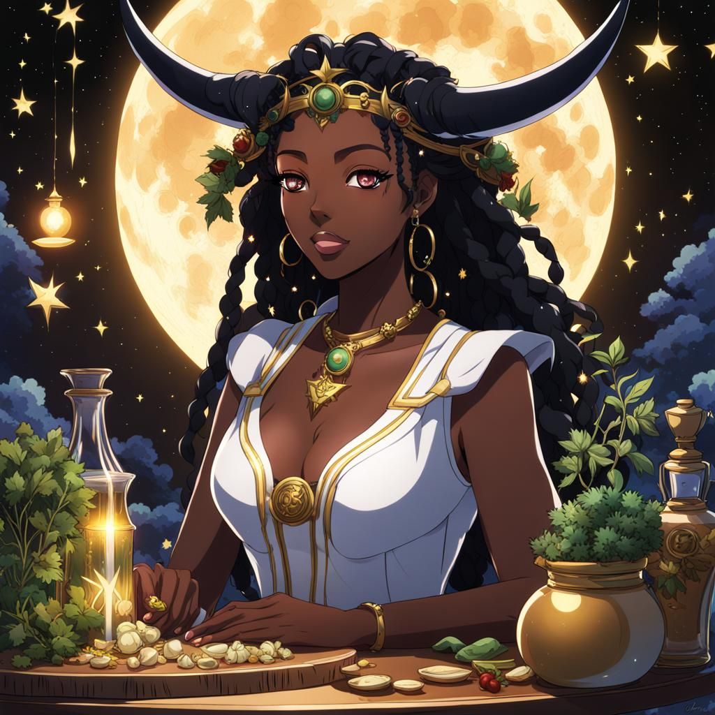 Taurus Woman with Herbs and Potions in Anime Style