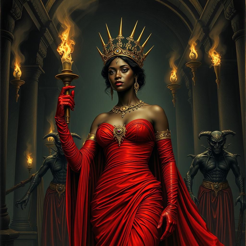 Persephone in Obsidian Palace as Doré Engraving