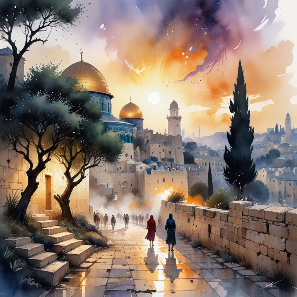 Dome of the Rock: Watercolour Sunset Over Jerusalem