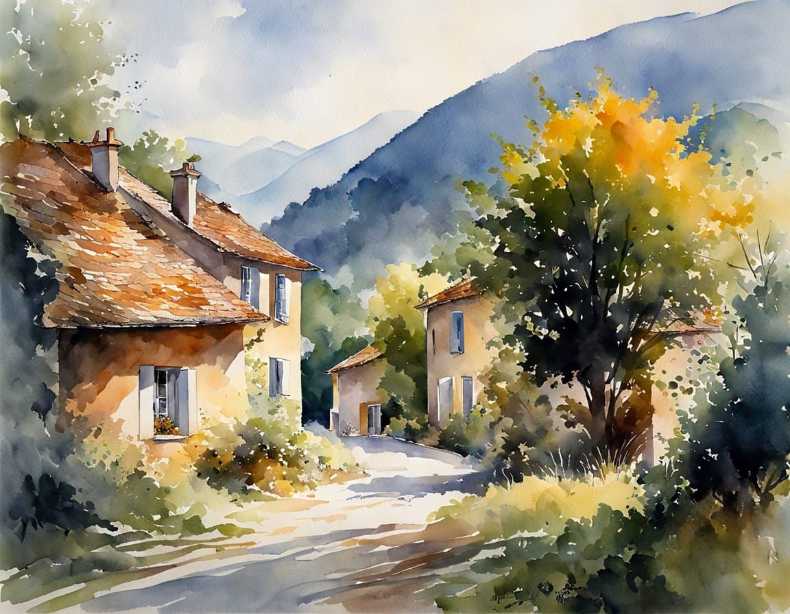 Idyllic French Village Square in Warm Summer Hues