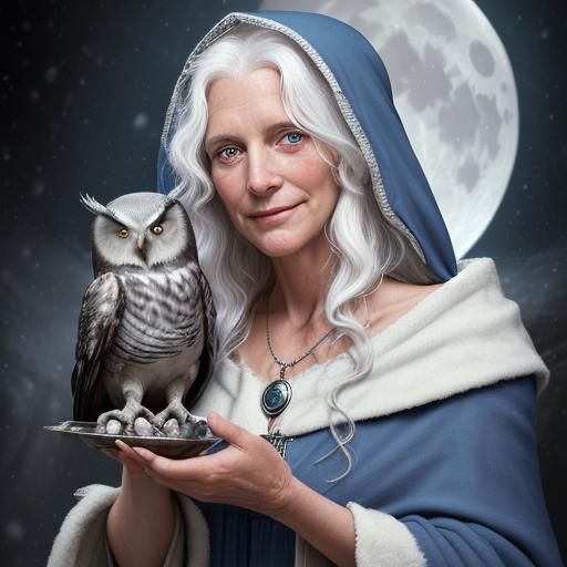 Crone Goddess Portrait with Owl in Studio Lighting