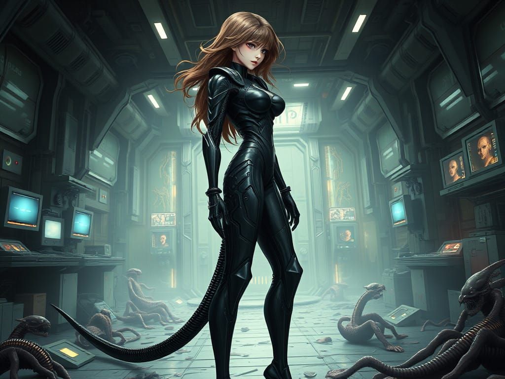 Contemplative Xenogirl in Futuristic Laboratory