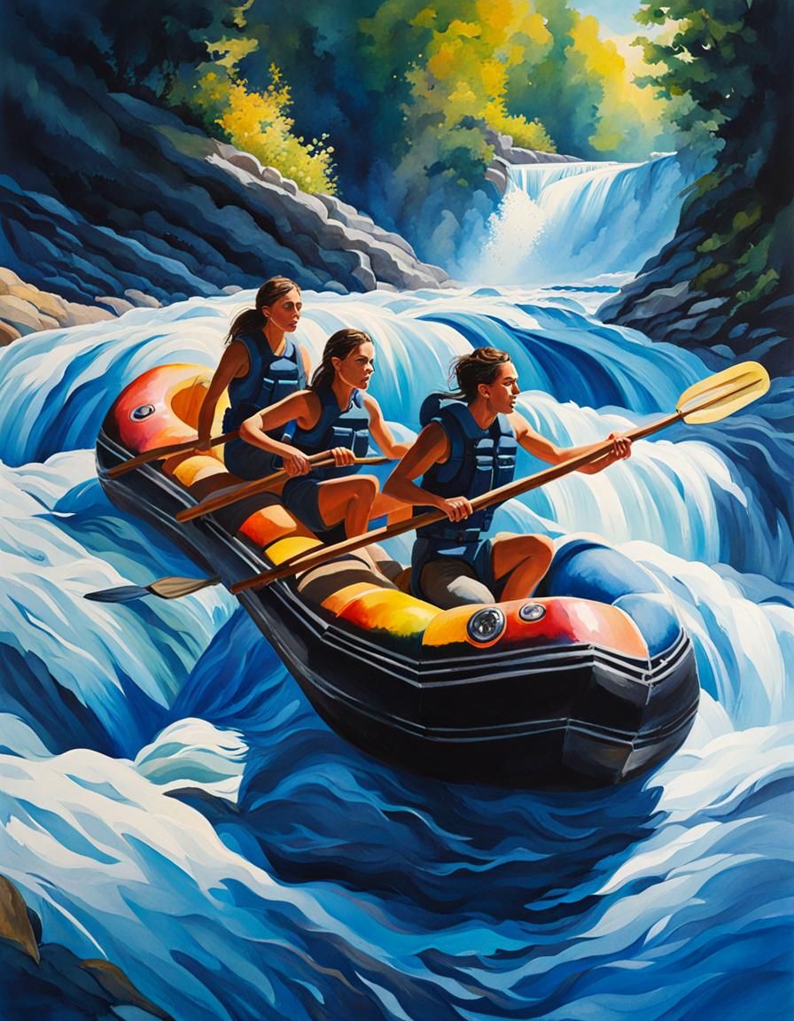 Rafting Violent River Rapids in Watercolor Painting