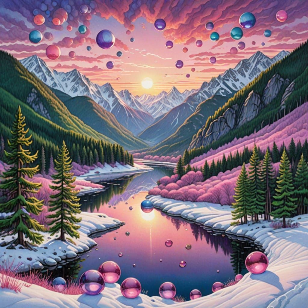 Colorful Spheres Floating Above Valley: Pencil Sketch