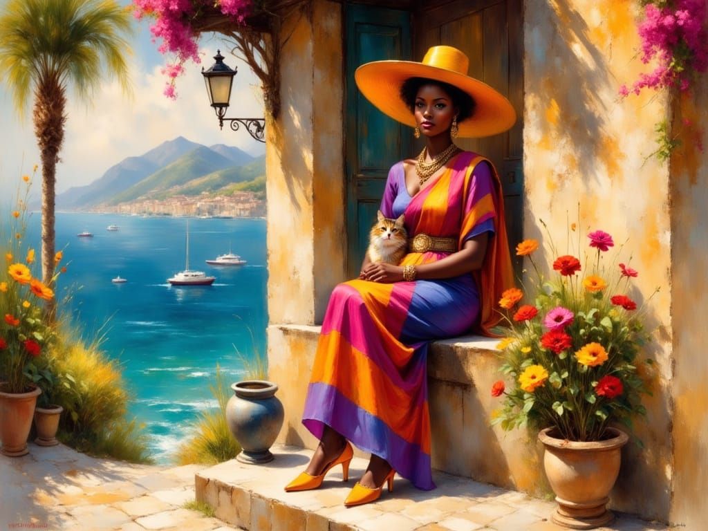 Fashionable Woman in Mediterranean Village by the Sea