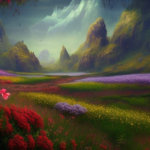 Fantastical Flower Field in Detailed Matte Painting
