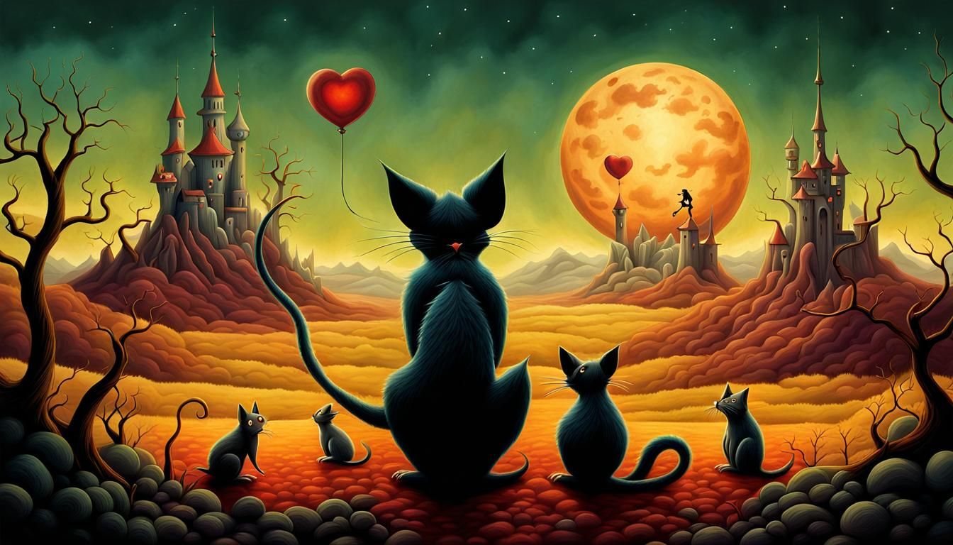 Whimsical Surrealist Scene: Tom and Jerry in Fantastical Lan...