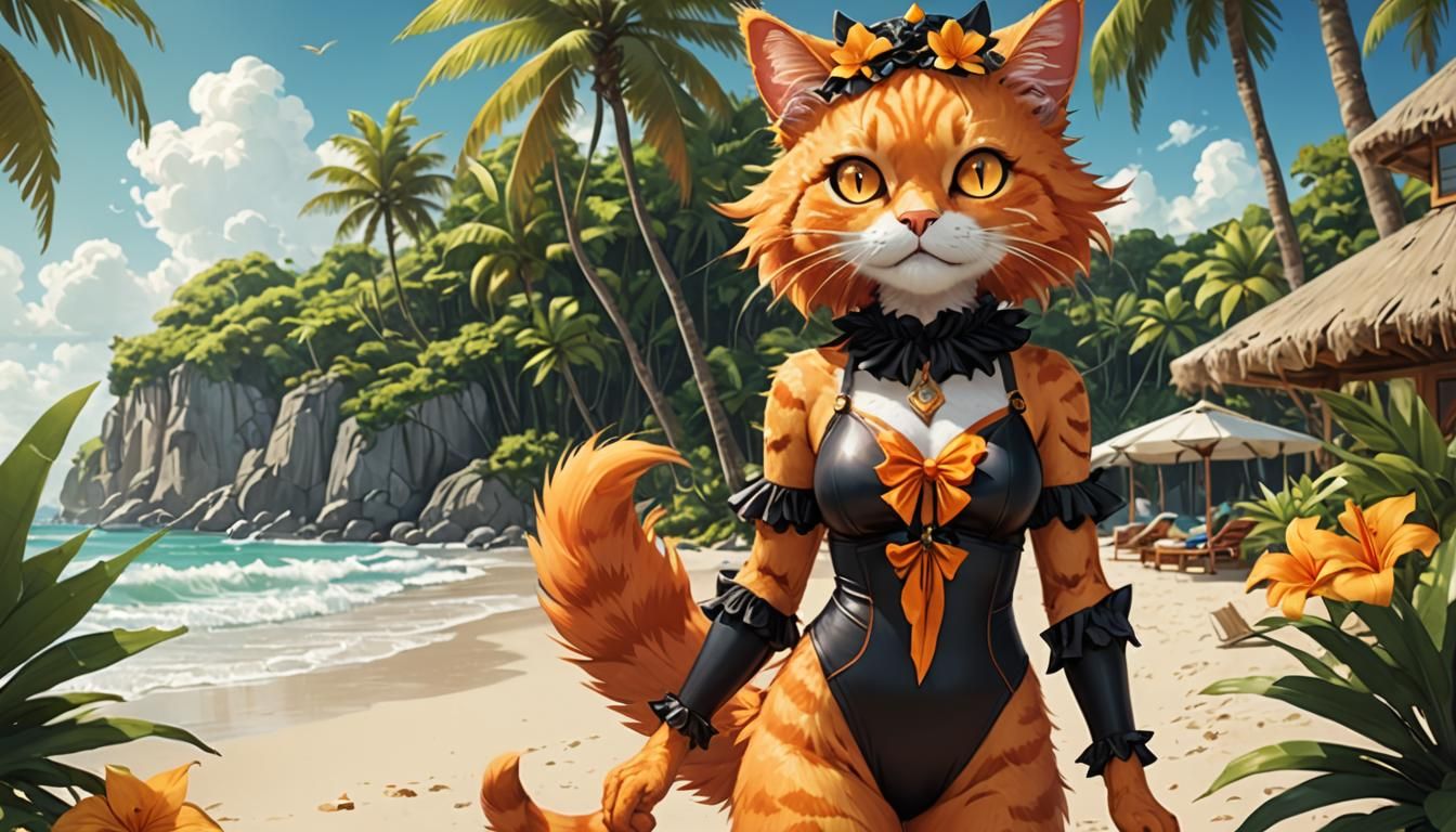 Victorian Cat Fursona on Tropical Beach in Anime Style