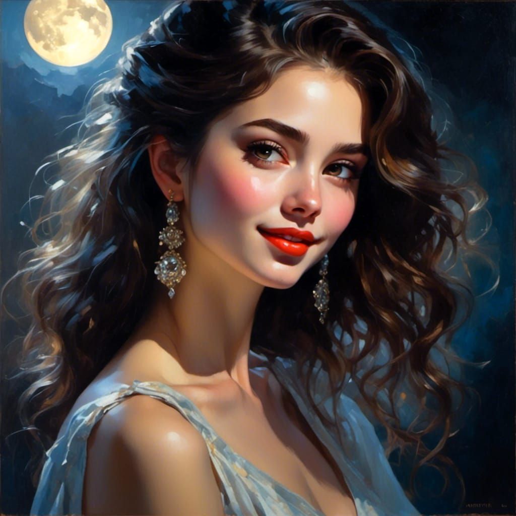 Beautiful Dark-Haired Girl in Moonlight