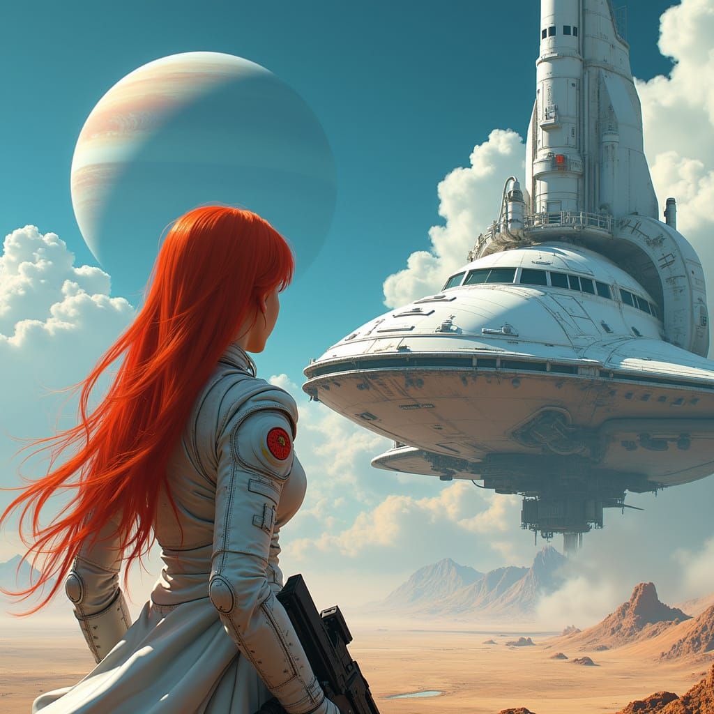Space Girl and Spaceship in Futuristic Style
