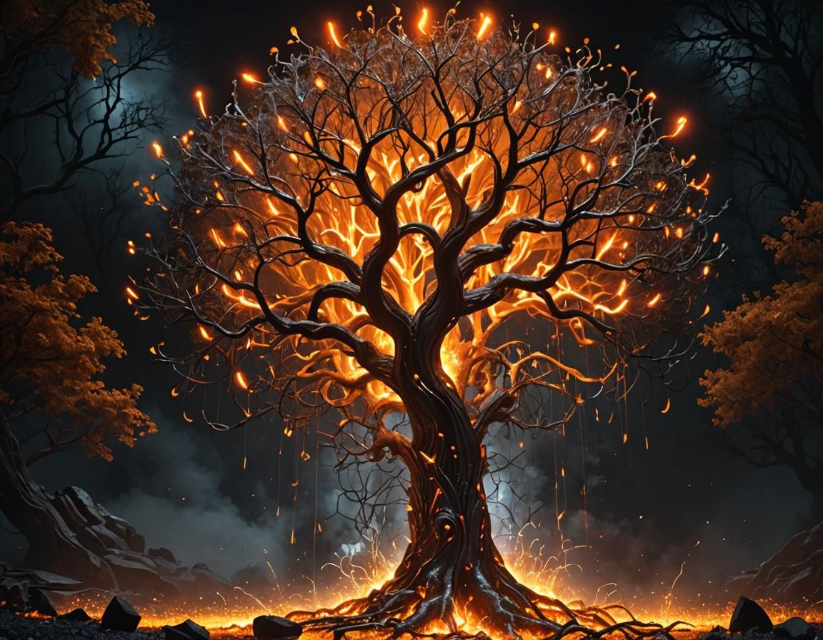 Bioluminescent Molten Tree of Life in Fiery 3D Rendering