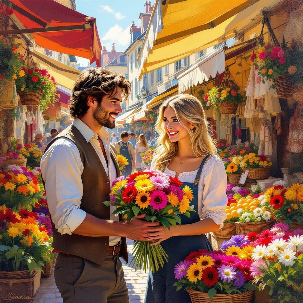 Man Buys Flowers at La Rochelle Market Oil Painting