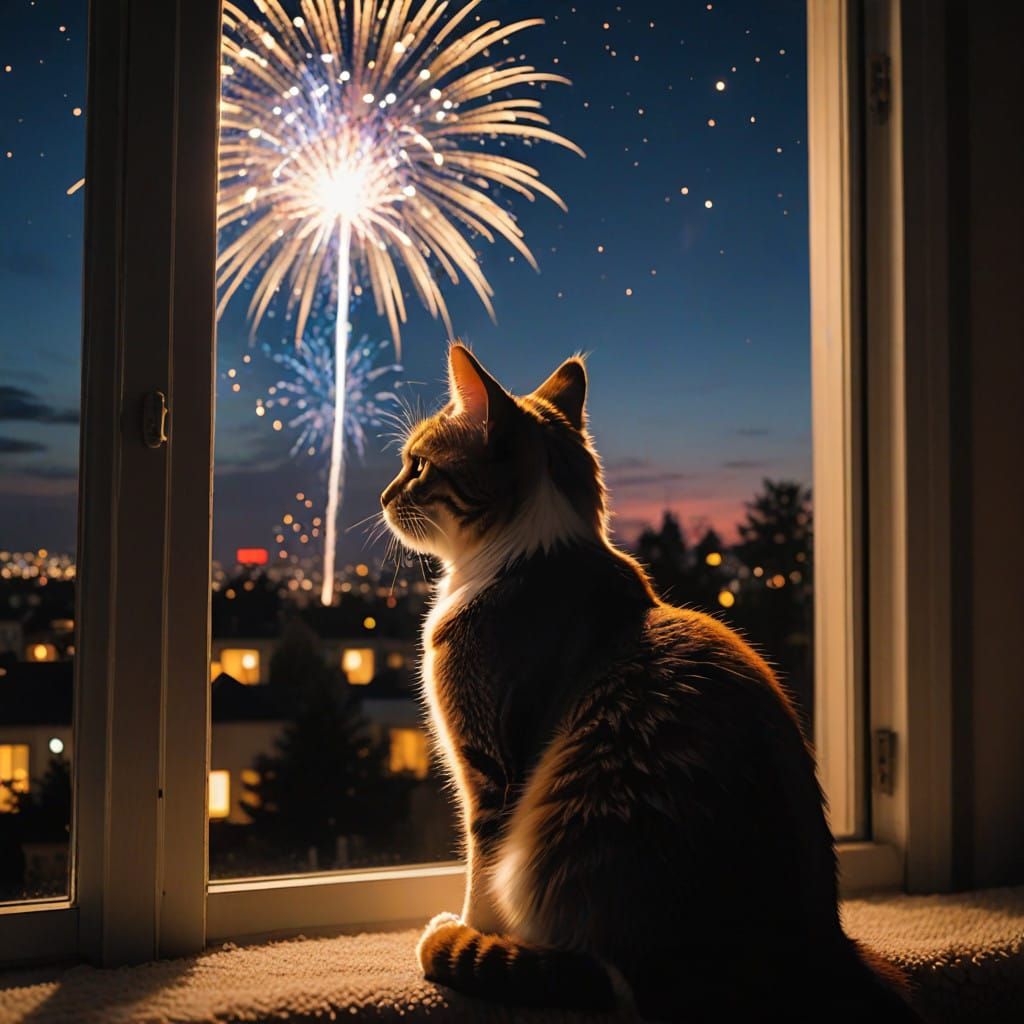 Cat Watches Fireworks Through Window