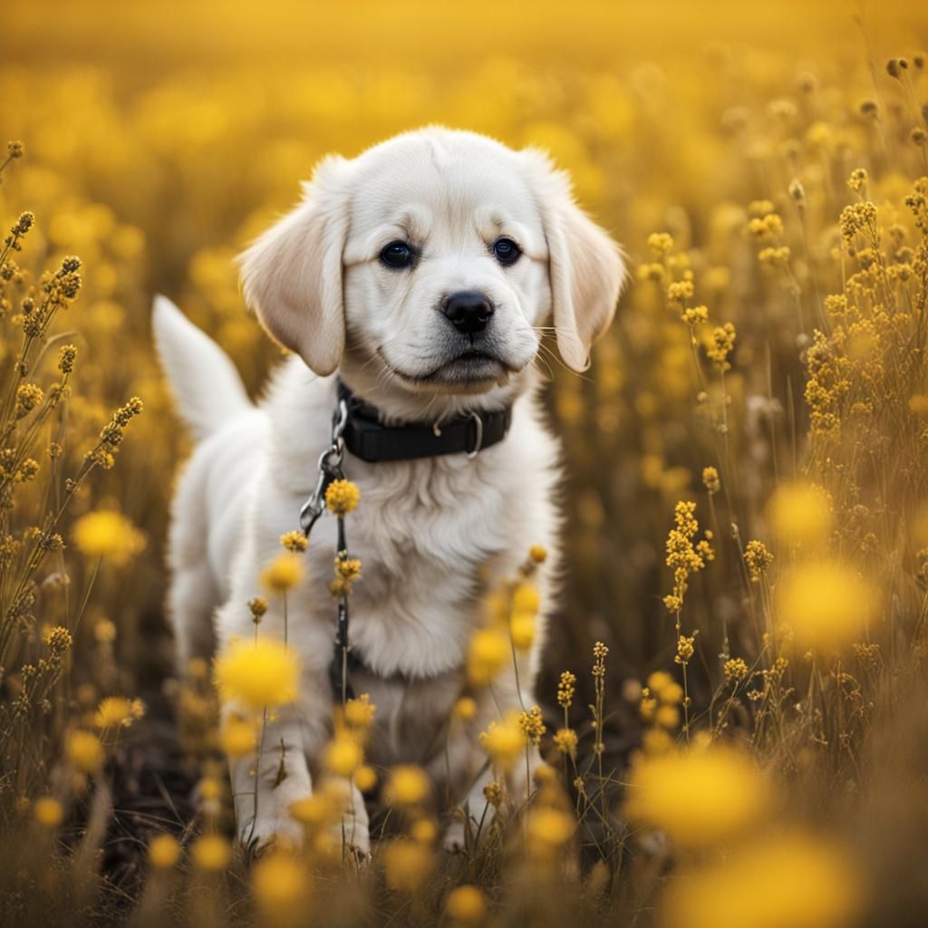 Puppy's Joyful Romp in a Sunny Yellow Field
