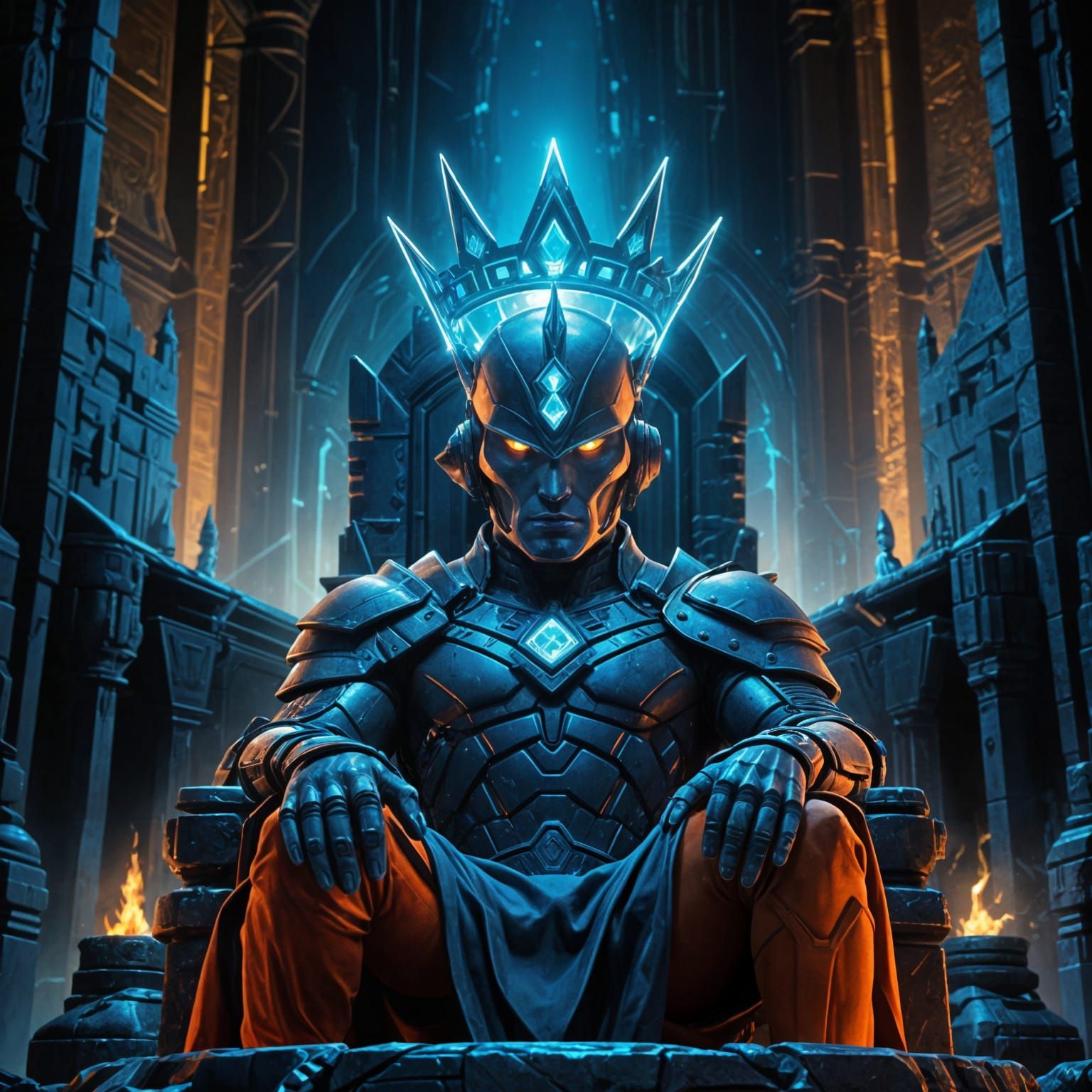 Android King with Glowing Crown in Futuristic Castle