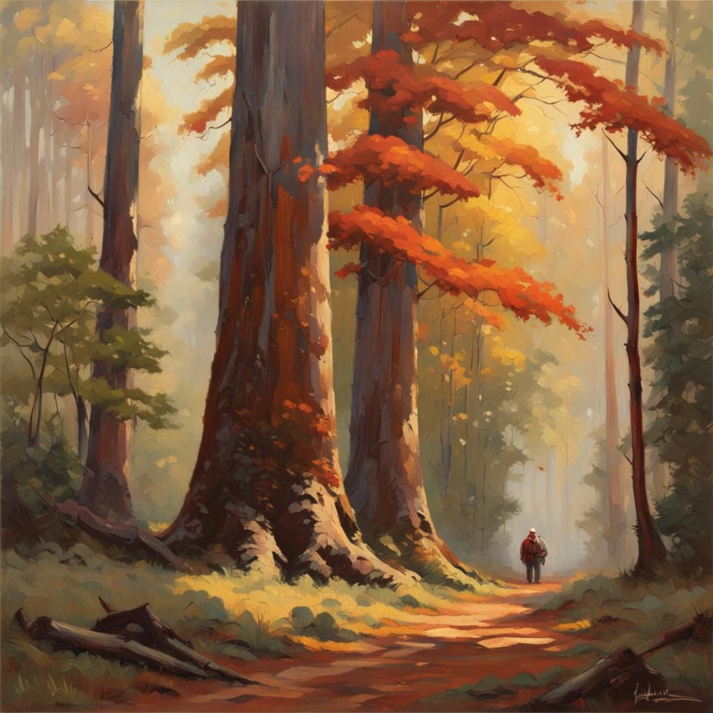 Mammoth Trees in Forest, Oil Painting Style