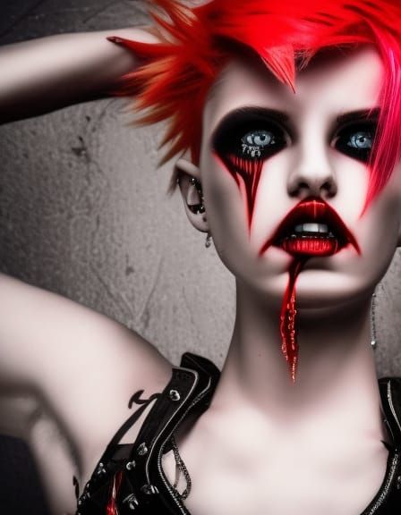 Vampire Punk Girl in Fiery Cyberpunk Scene