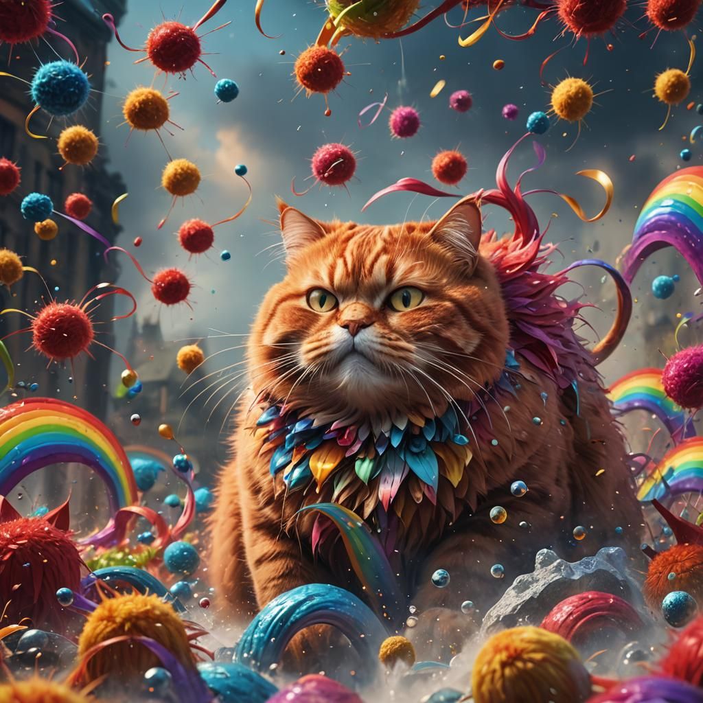 Red Cat with Rainbow Whiskers, Detailed Digital Art