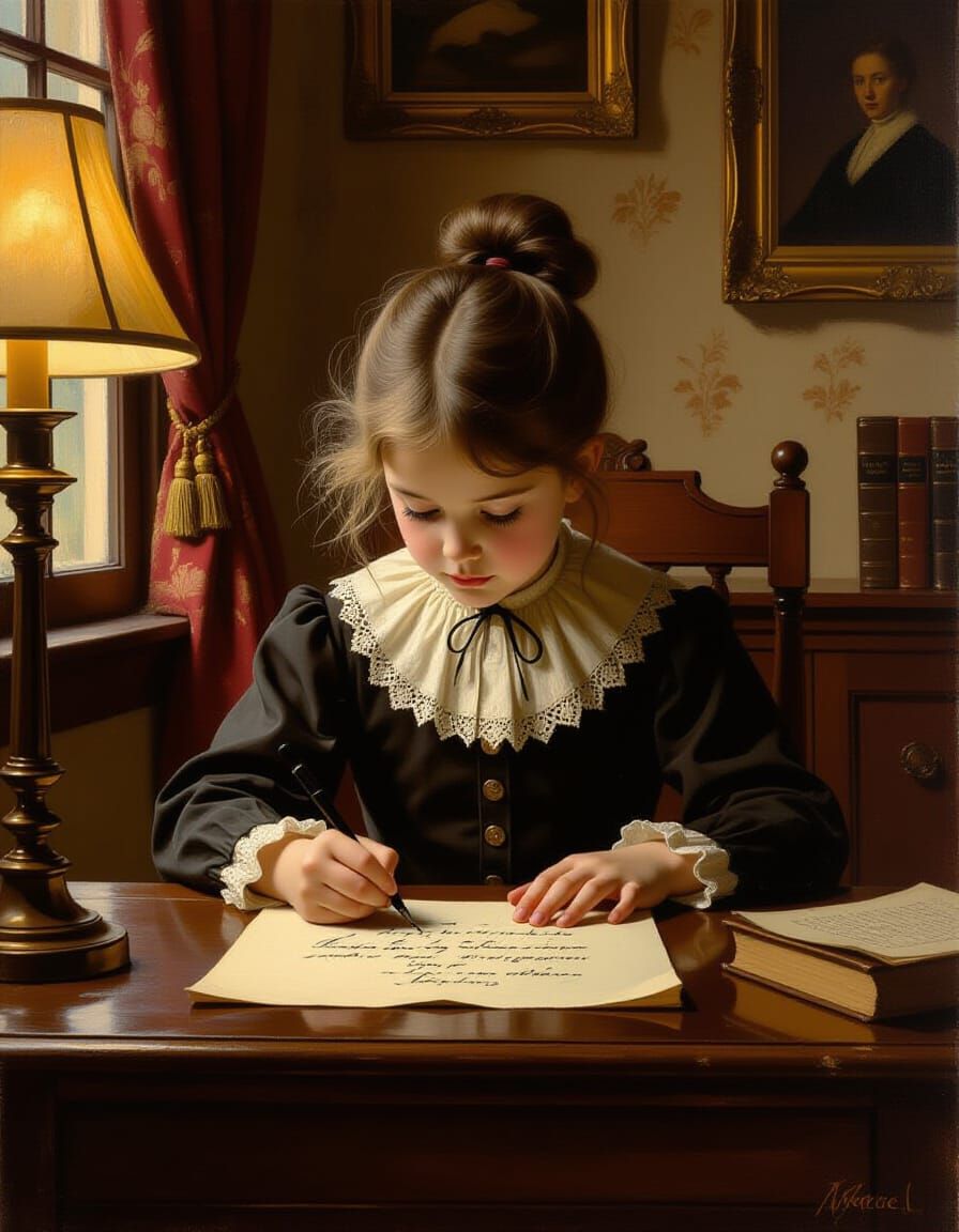 Victorian Girl Practicing Calligraphy by Lamplight