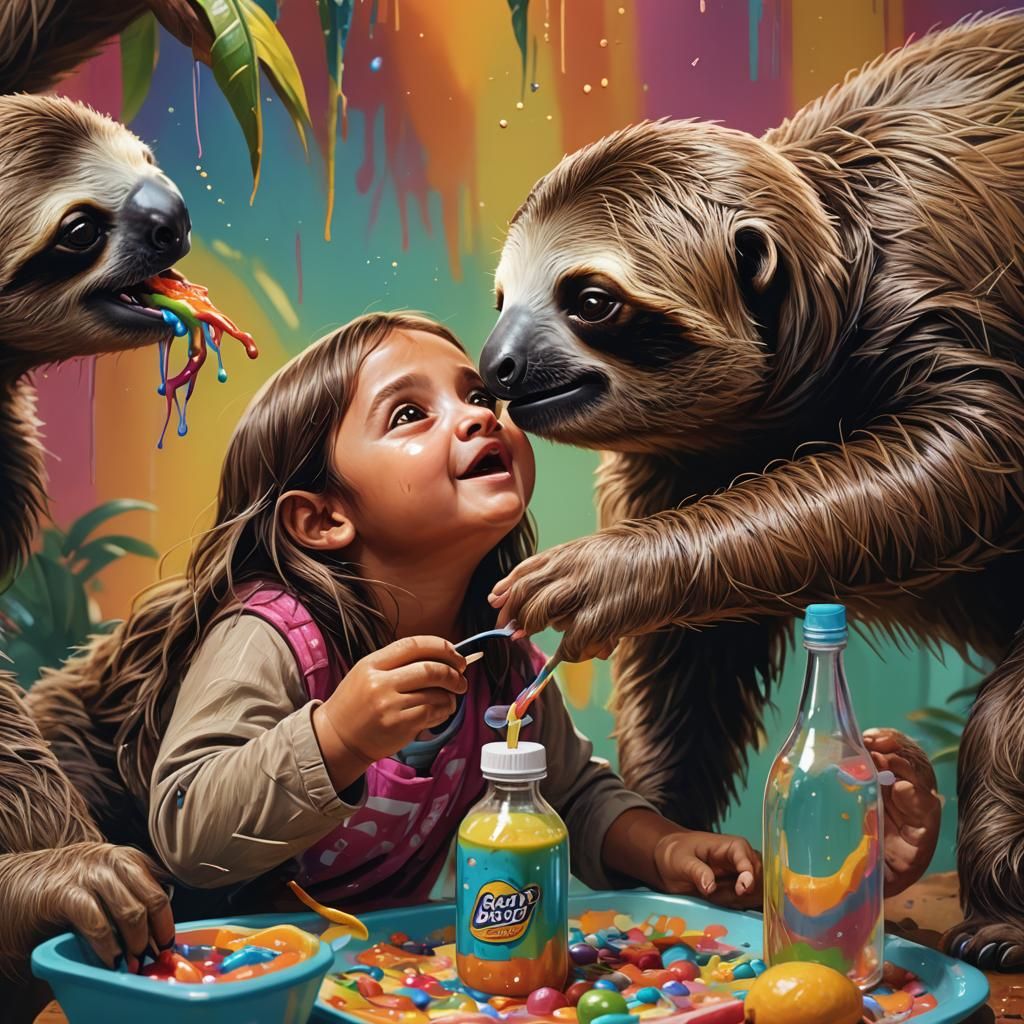 Girl Feeds Baby Sloth: Hyperrealistic Splash Art